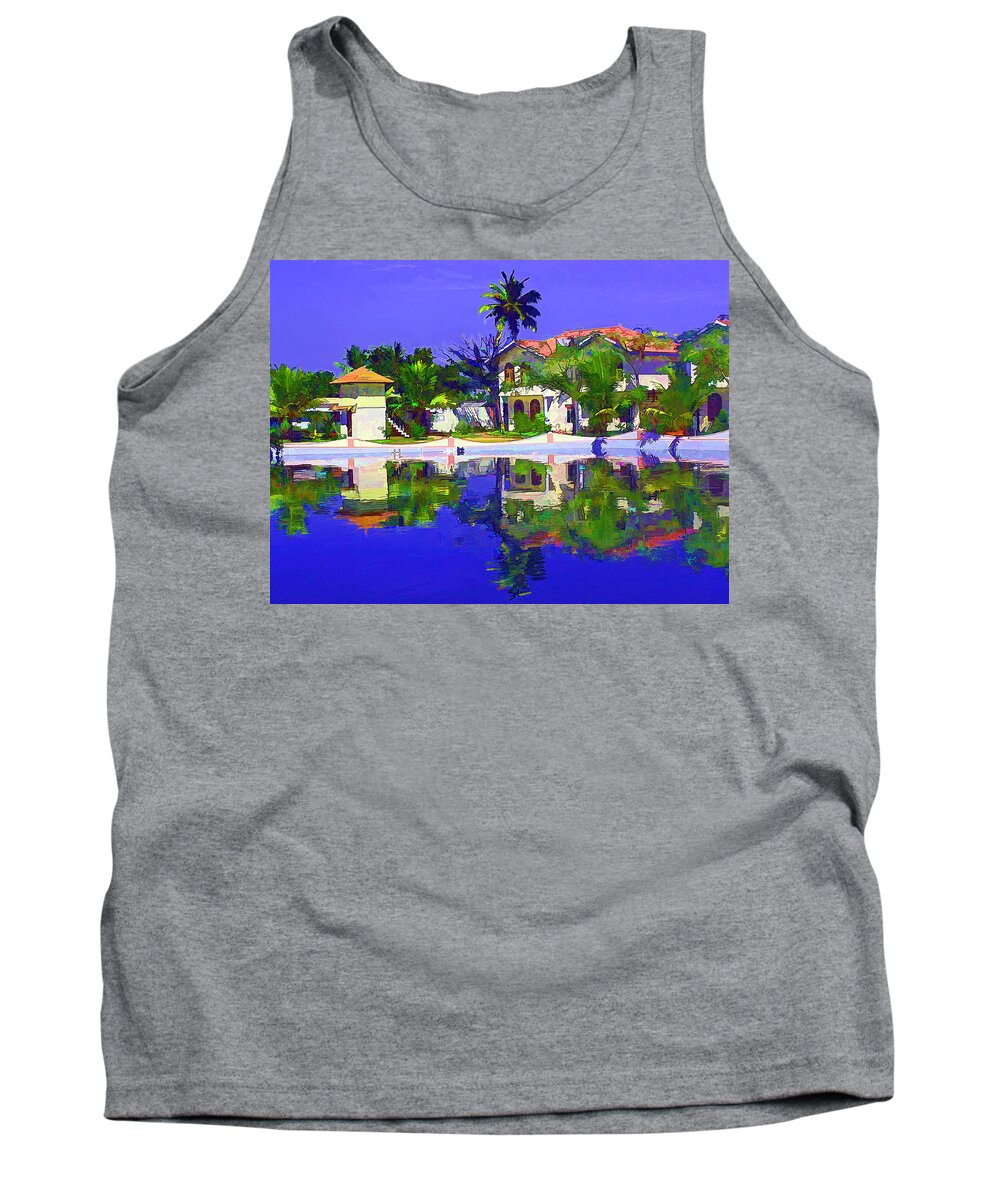 Alleppey Tank Top featuring the digital art Oil Painting - View of the cottages and lagoon water by Ashish Agarwal