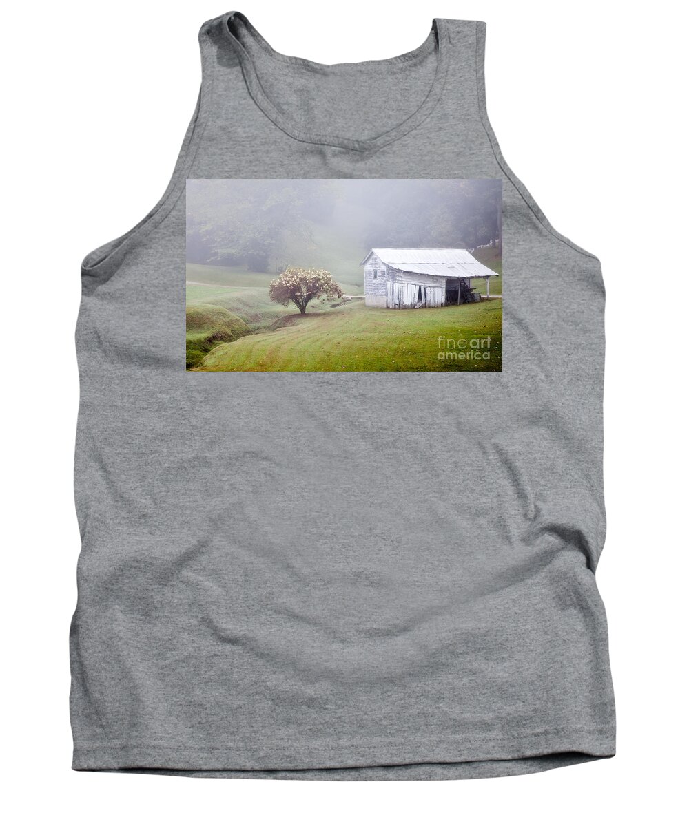 Abandoned Tank Top featuring the photograph Old Weathered Wooden Barn in Morning Mist by Jo Ann Tomaselli