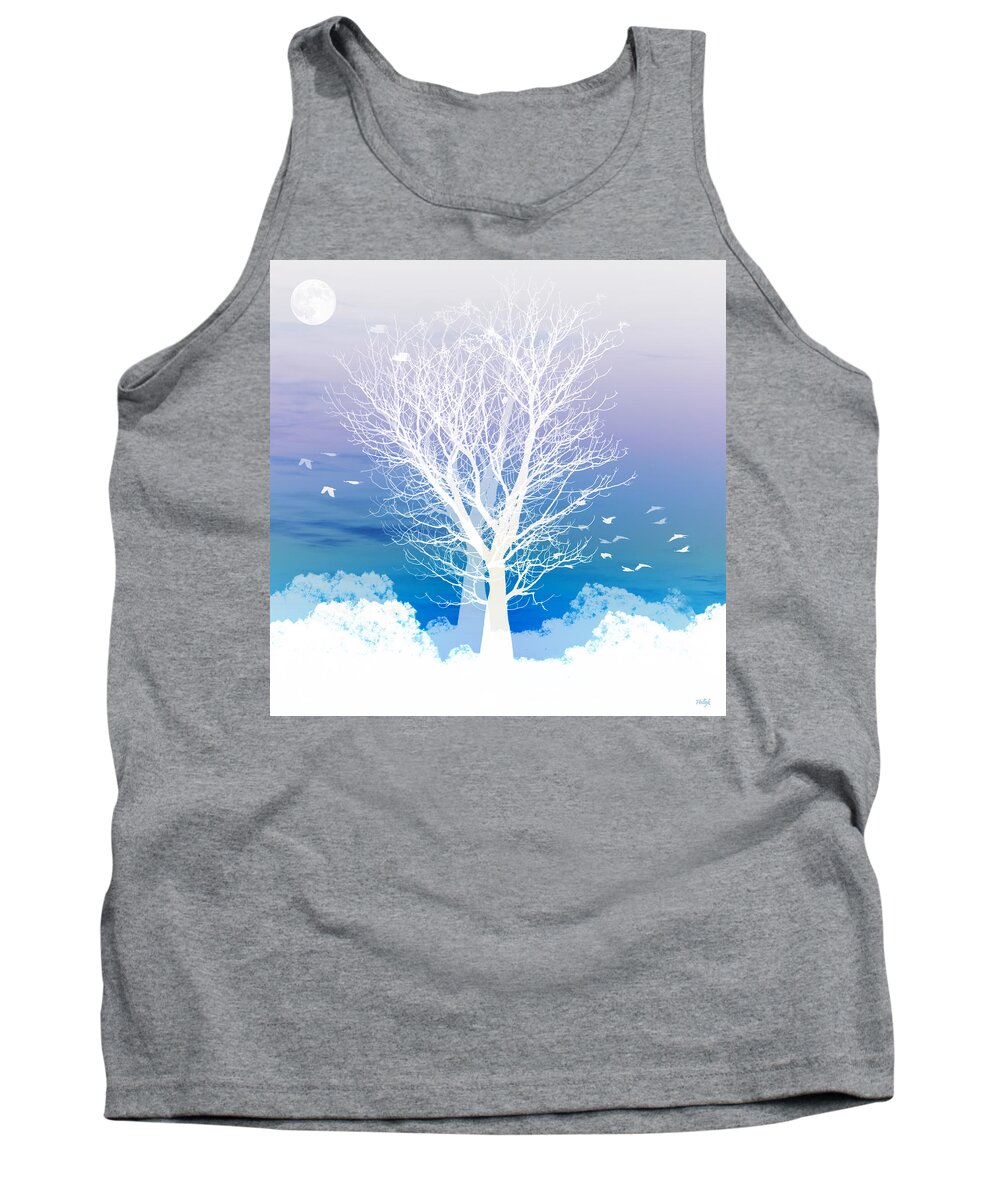 Tree Blue Moon Purple Birds Flying Square Boab Negative Abstract Landscapes Fantasy Tank Top featuring the photograph Once upon a moon lit night... by Holly Kempe