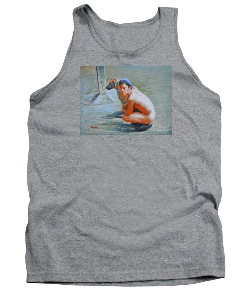 Original. Oil Painting Tank Top featuring the painting Original Impression Oil Painting Gay Man Body Art- Male Nude And Dog-020 by Hongtao Huang