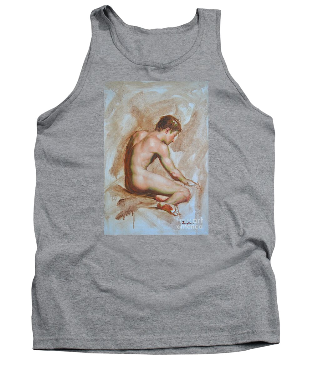 Original Tank Top featuring the painting Original Oil Painting Gay Man Body Art Male Nude -010 by Hongtao Huang