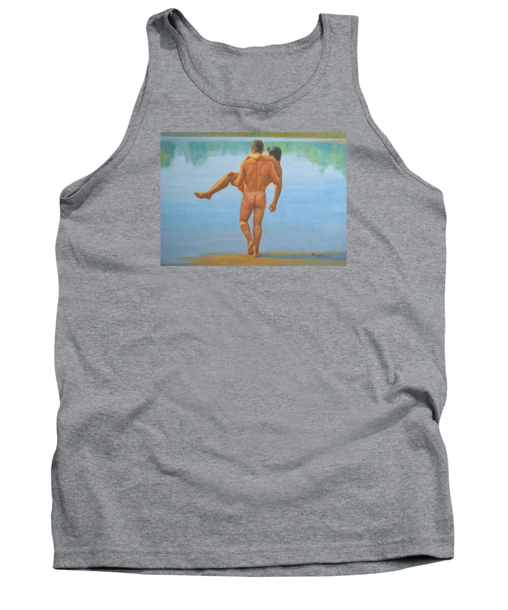 Original. Oil Painting. Art Tank Top featuring the painting Original Oil Painting Man Body Art -male Nude By The Pool -073 by Hongtao Huang