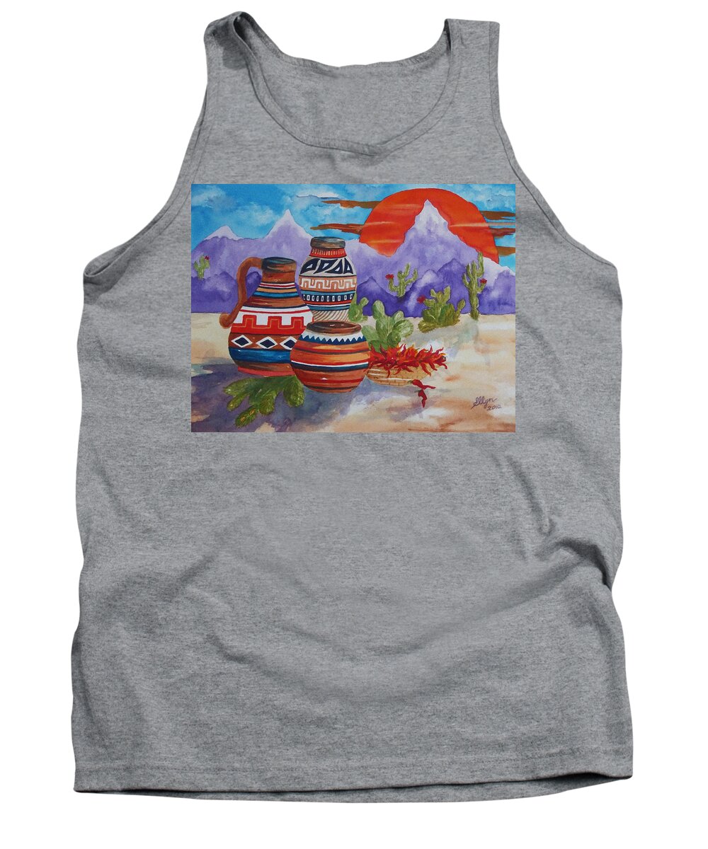 Desert Tank Top featuring the painting Painted Pots and Chili Peppers by Ellen Levinson