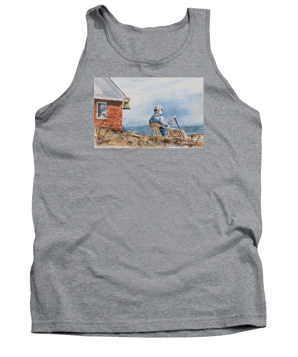 A Gentleman Looks To Sea At The Pemaquid Point Lighthouse On Mid-coast Maine.  Tank Top featuring the painting Passing Time by Monte Toon