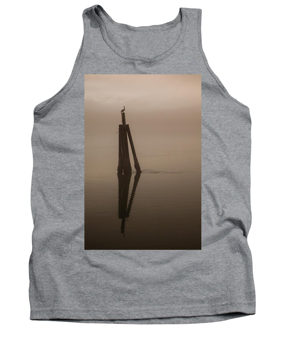 Foggy Tank Top featuring the photograph Pelican on a Stick by Monte Arnold