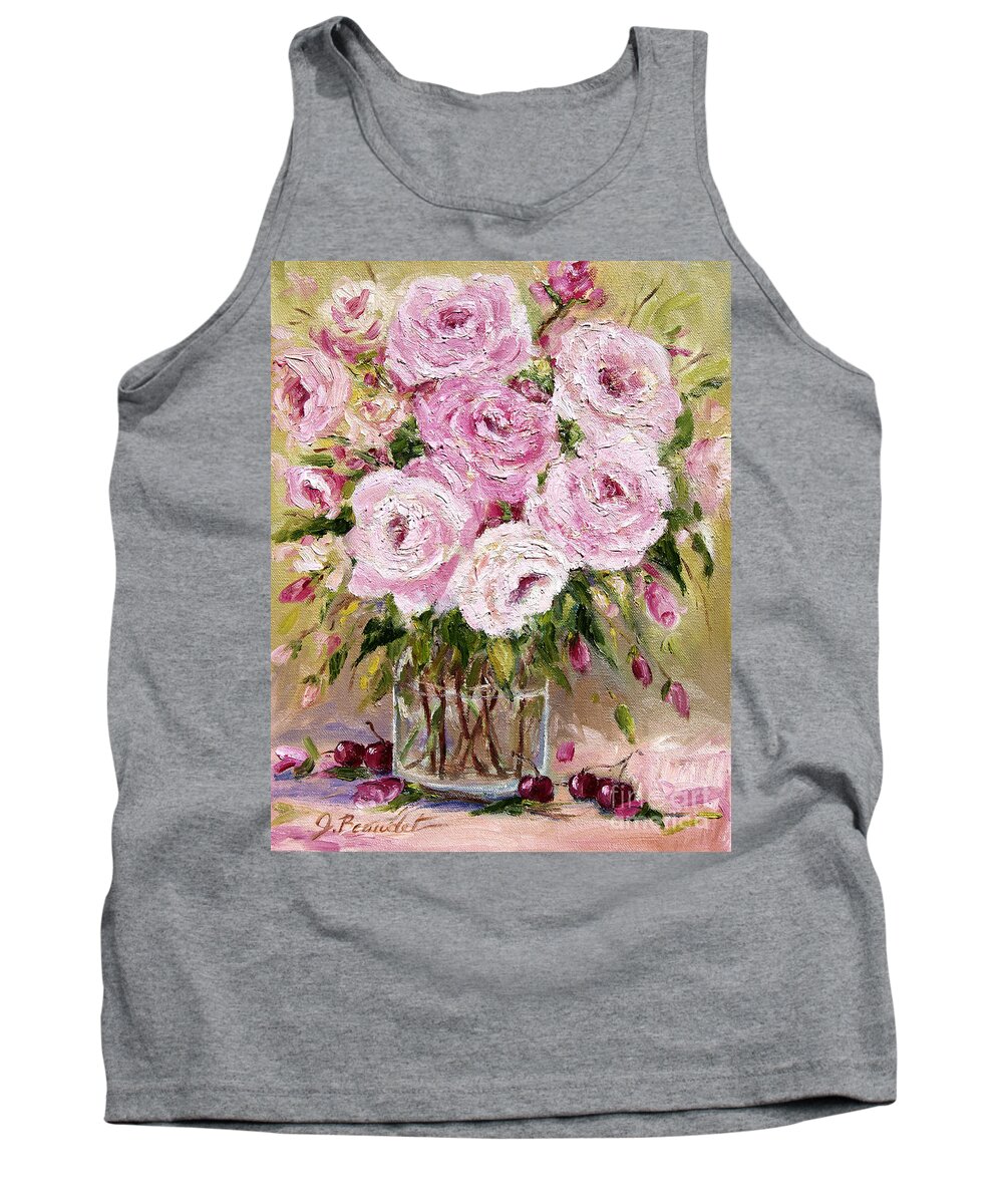 Oil Tank Top featuring the painting Pink Roses and Cherries by Jennifer Beaudet
