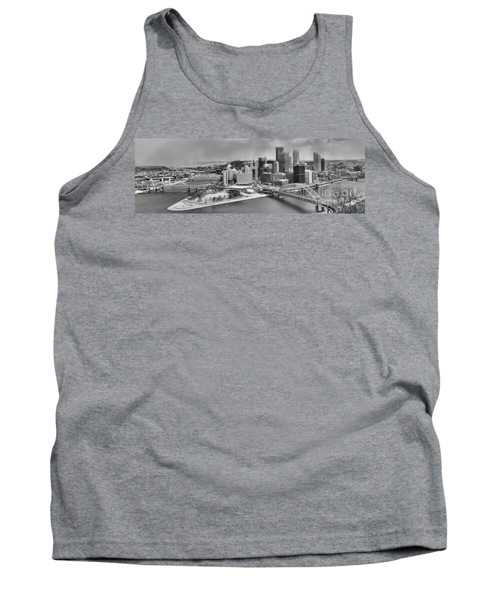 Black And White Tank Top featuring the photograph Pittsburgh Black And White Winter Panorama by Adam Jewell