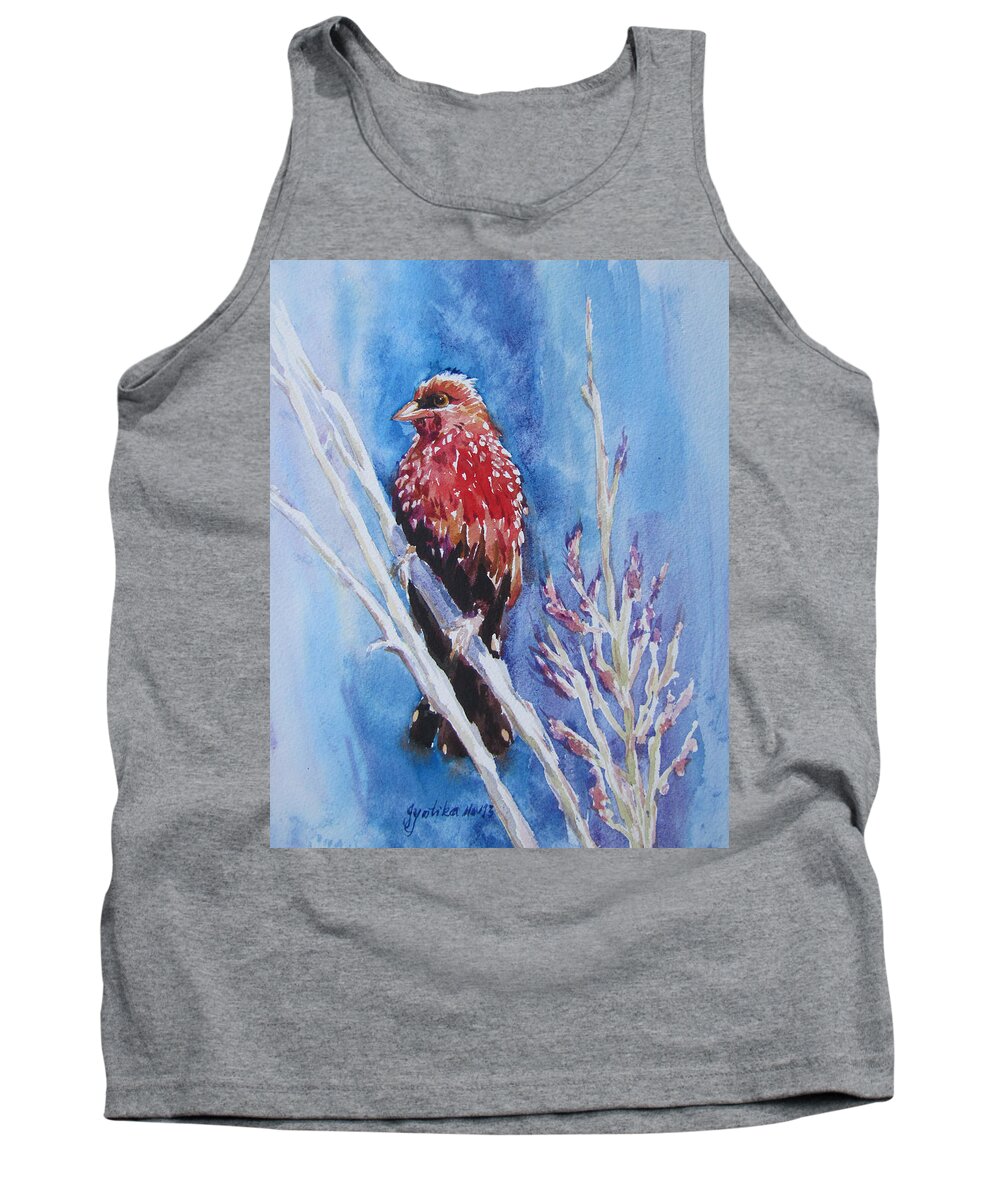 Bird Tank Top featuring the painting The Red Bird with pink flowers by Jyotika Shroff