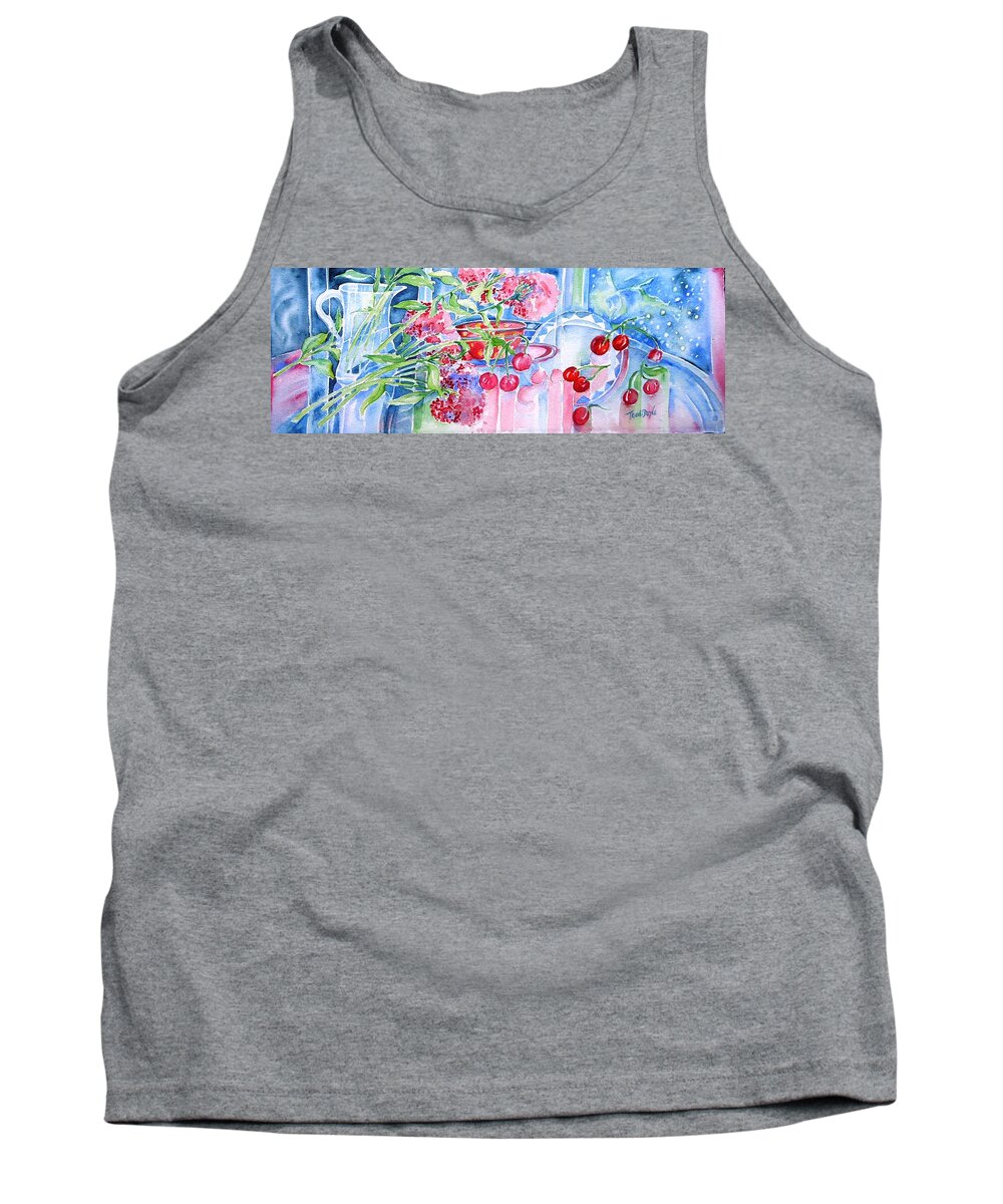Red Cherries Tank Top featuring the painting Red Cherries and Sweet William by Trudi Doyle