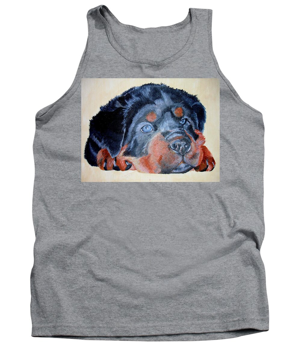 Rottweiler Tank Top featuring the painting Rottweiler Puppy Portrait by Taiche Acrylic Art