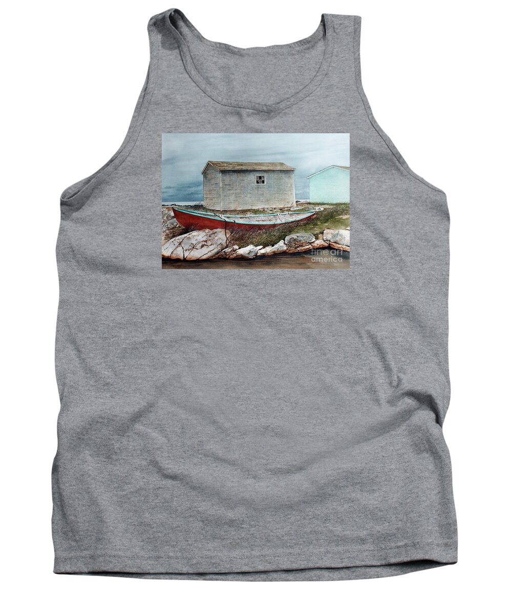 A Red Boat Has Been Pulled Up Onto The Shore At Peggy's Cove Tank Top featuring the painting Safe From The Storm by Monte Toon