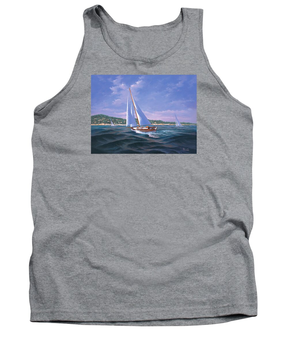 Ocean Tank Top featuring the painting Sailing on Monterey Bay by Del Malonee
