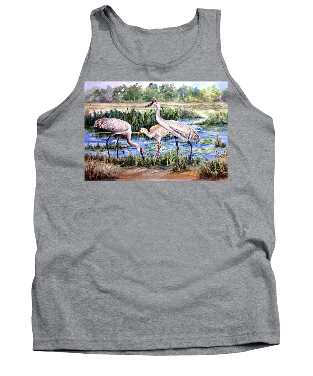 Sandhill Cranes Tank Top featuring the painting Sandhills by the Pond by Roxanne Tobaison