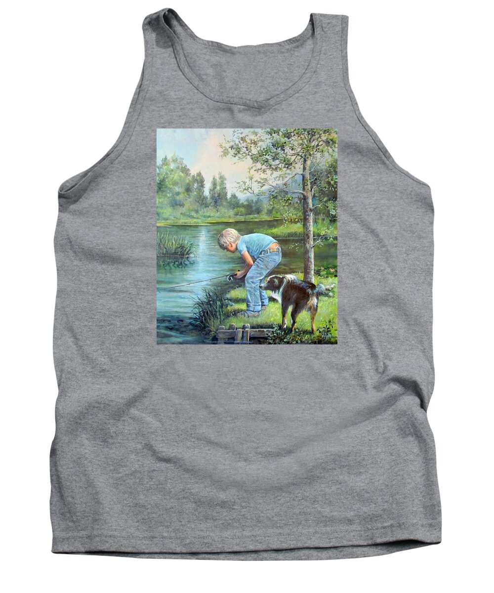 Nature Tank Top featuring the painting Seth and Spiky Fishing by Donna Tucker