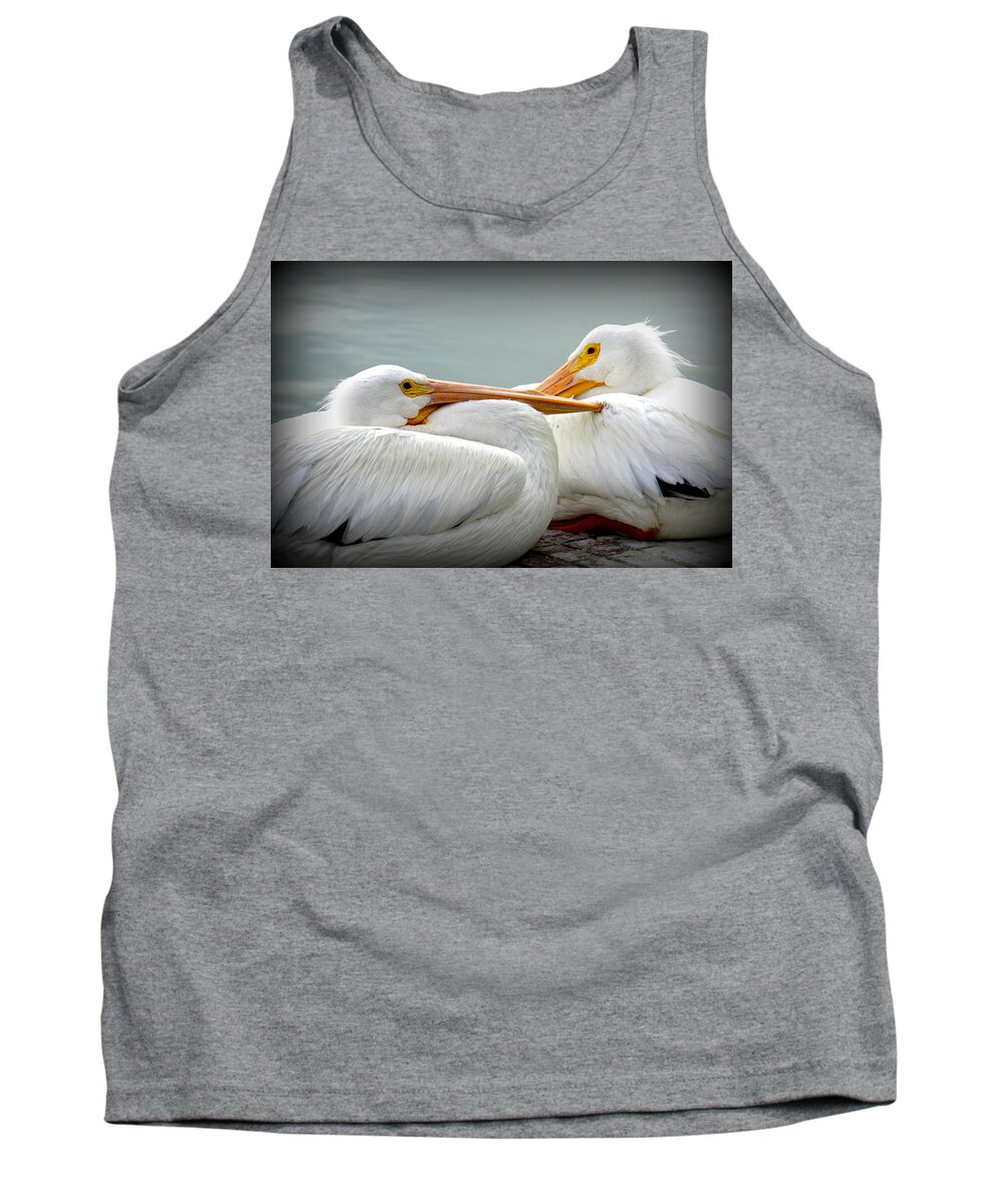 White Pelicans Tank Top featuring the photograph Snuggly Pelicans by Laurie Perry