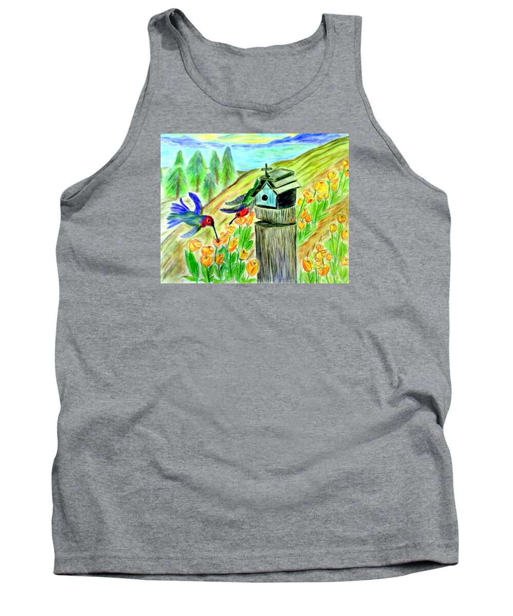 Spring Tank Top featuring the mixed media Spring Feeding by Suzanne Berthier