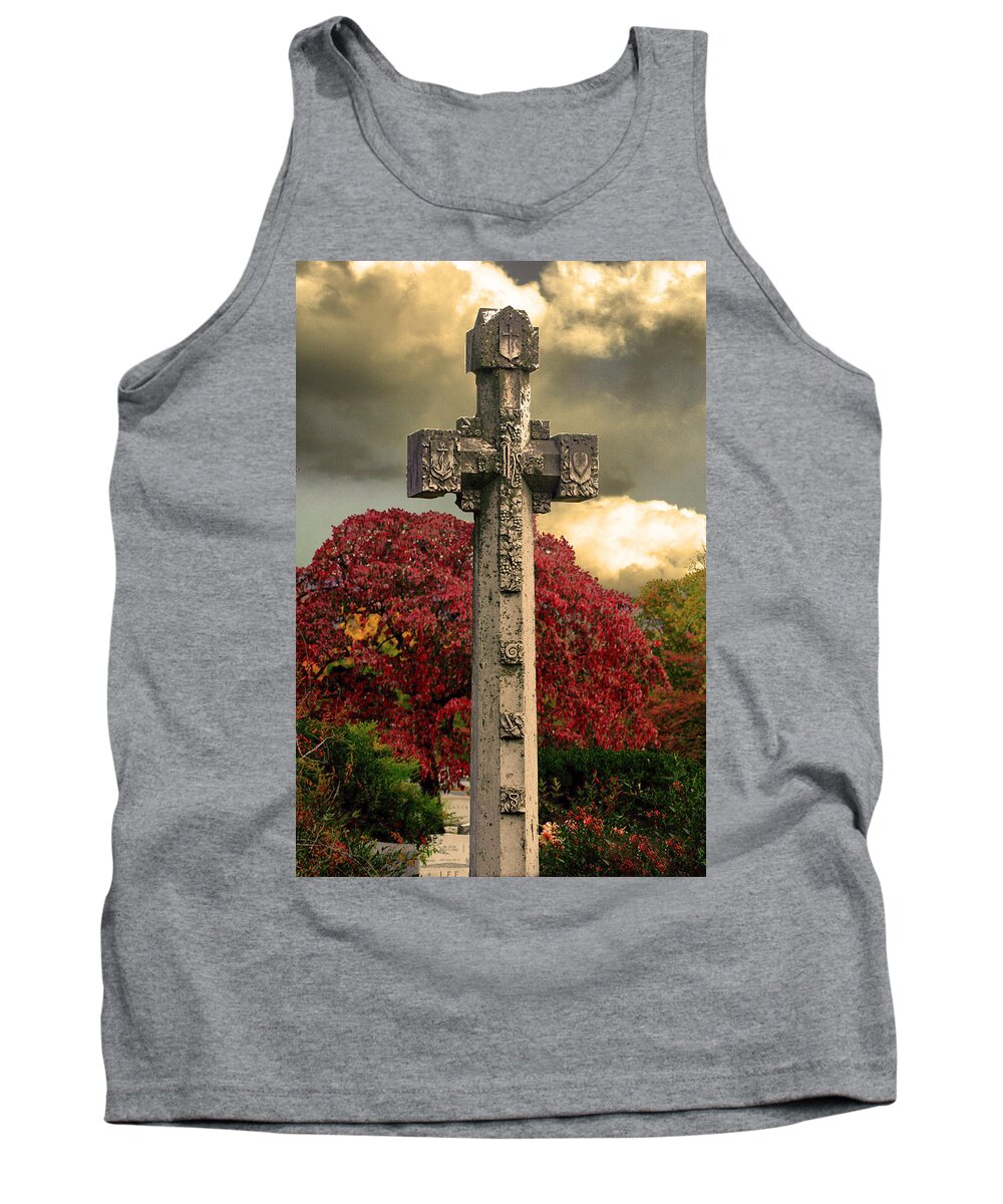 Cross Tank Top featuring the photograph Stone Cross in Fall Garden by Lesa Fine