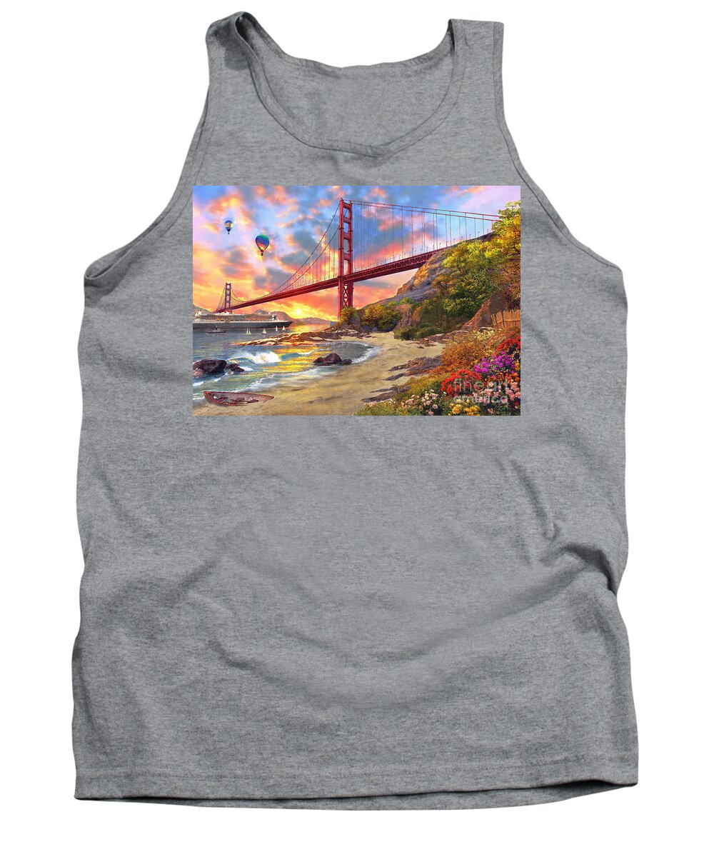Golden Gate Tank Top featuring the digital art Sunset at Golden Gate by MGL Meiklejohn Graphics Licensing