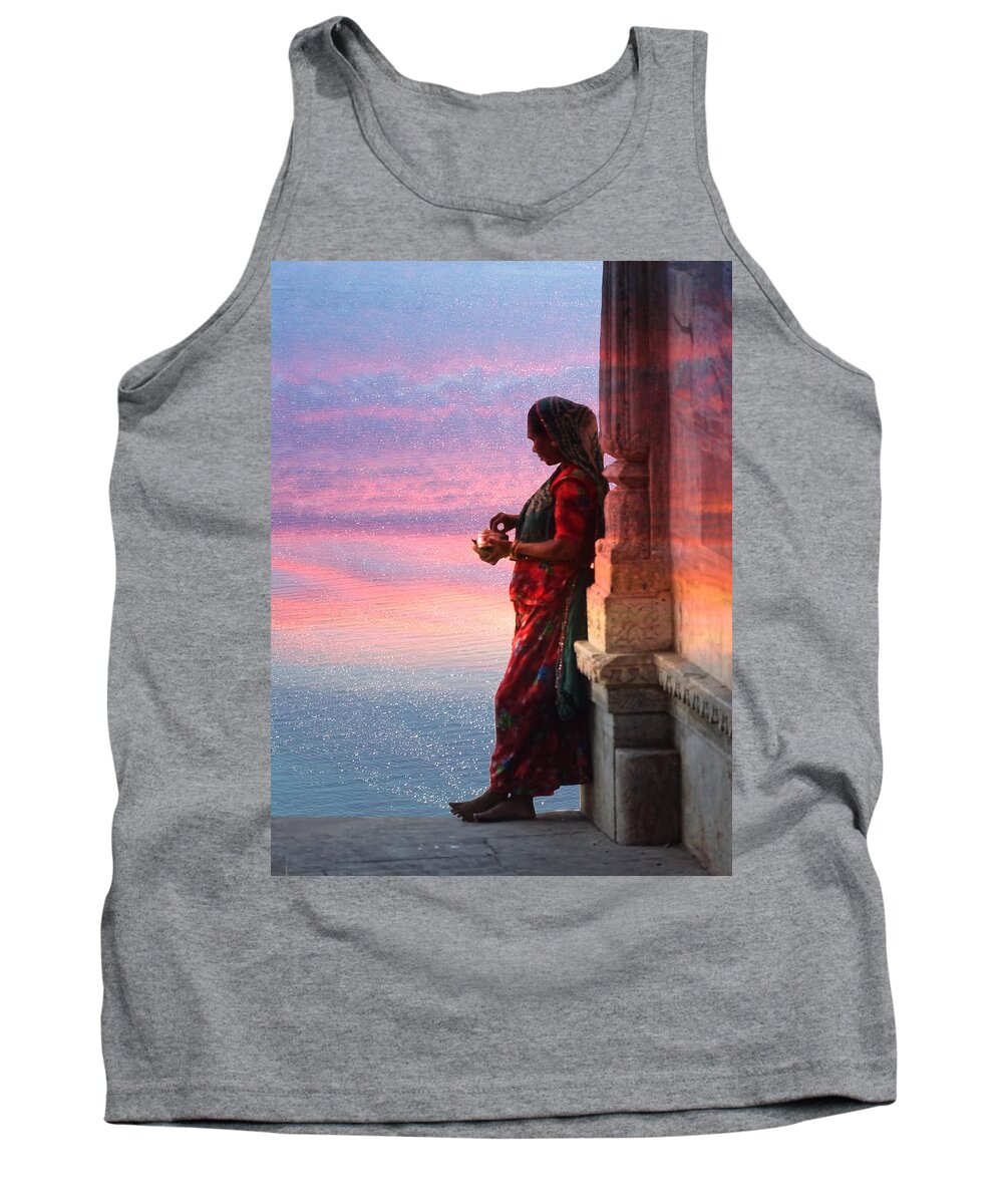 Sunset Tank Top featuring the photograph Sunset Lake Colorful Woman Rajasthani Udaipur India by Sue Jacobi