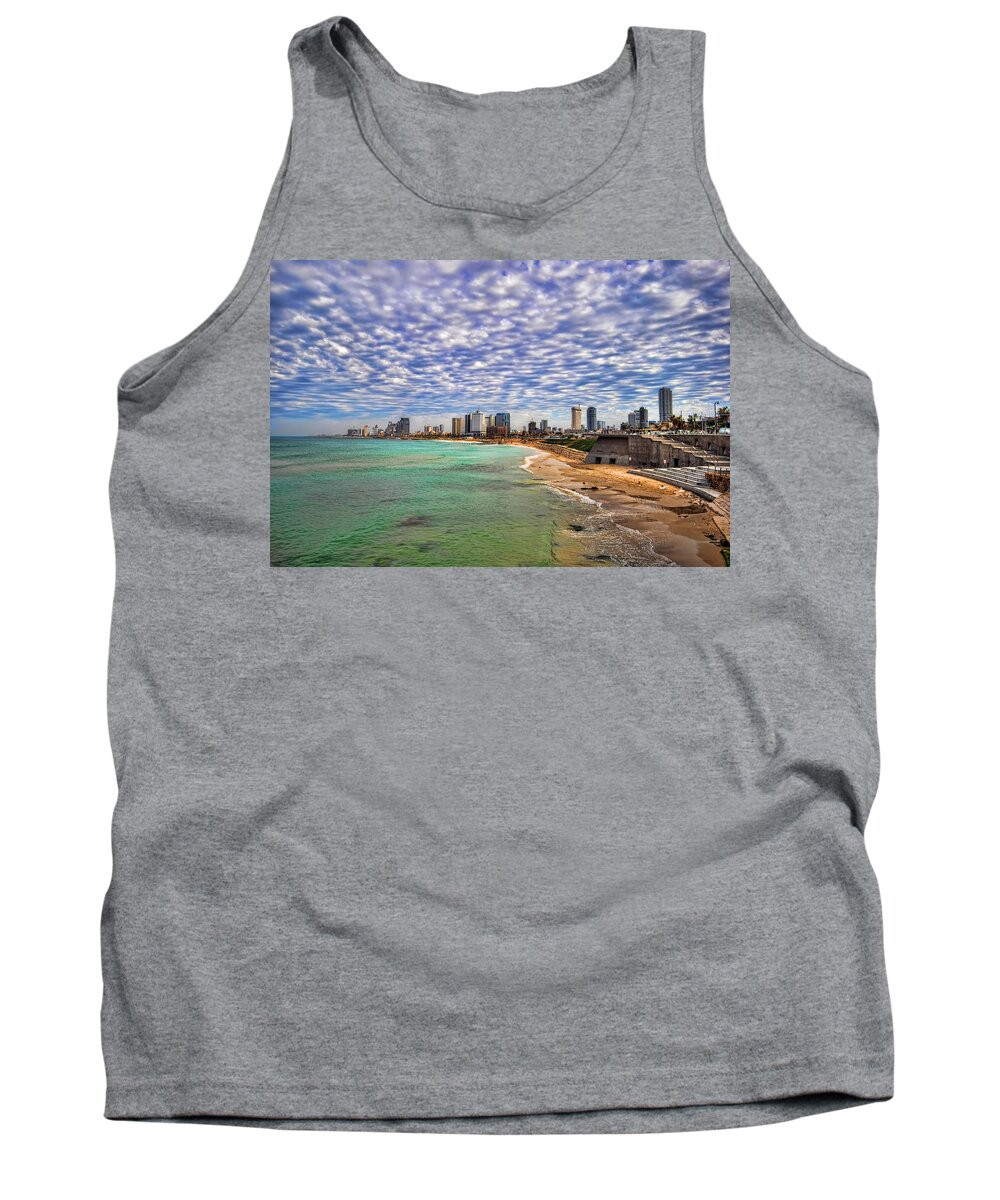 Israel Tank Top featuring the photograph Tel Aviv turquoise sea at springtime by Ron Shoshani