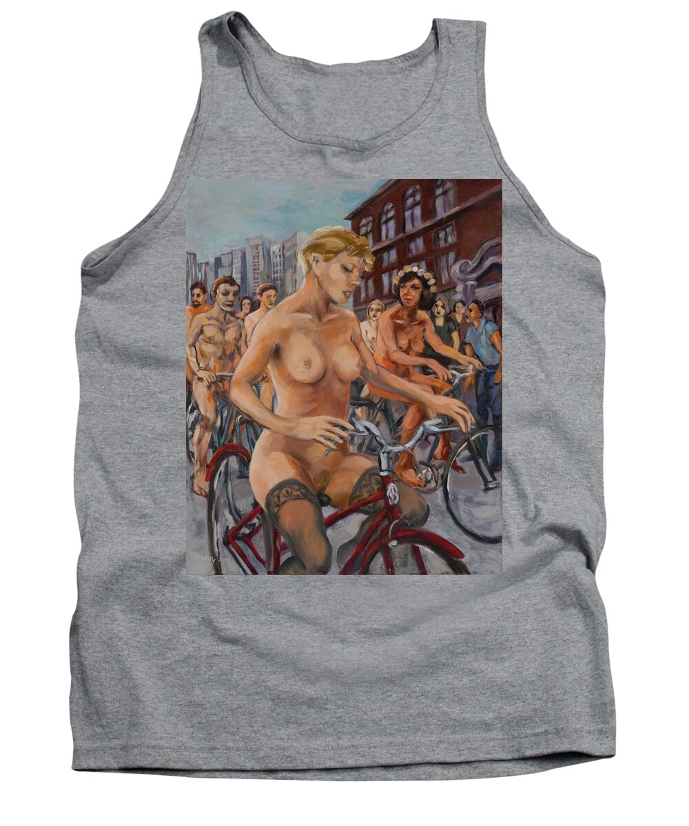 Girl Tank Top featuring the painting Bridget with naked riders in suburban street. by Peregrine Roskilly