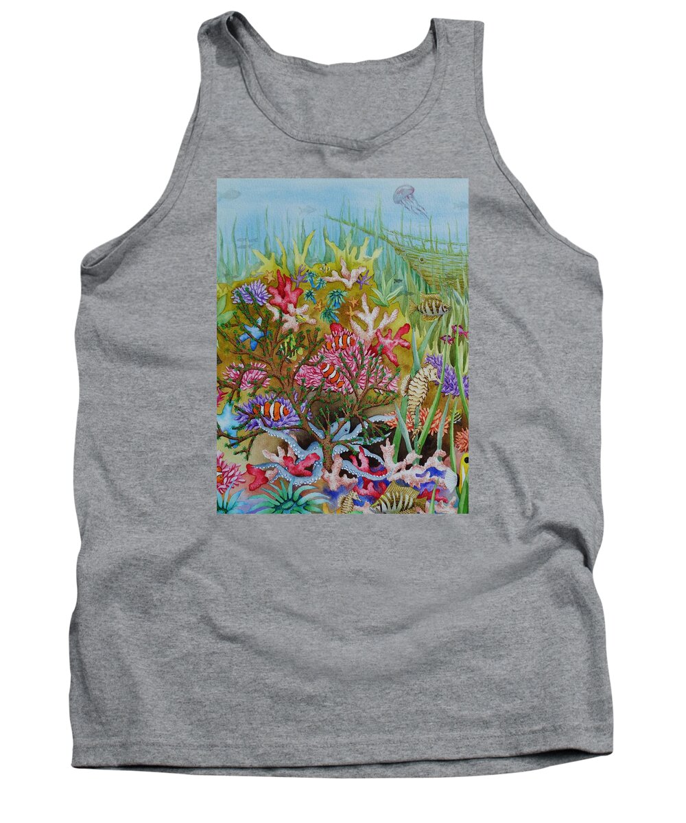 Print Tank Top featuring the painting Thriving Ocean -Sunken Ship by Katherine Young-Beck