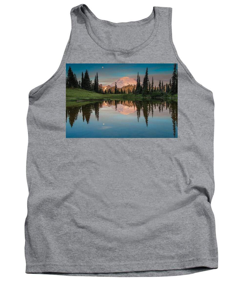 Mt. Ranier; Clouds;lake; Moon; Mountains; Picture Lake; Reflection; Seattle Tank Top featuring the photograph Tipsoo Lake Mt. Rainier Washington by Larry Marshall