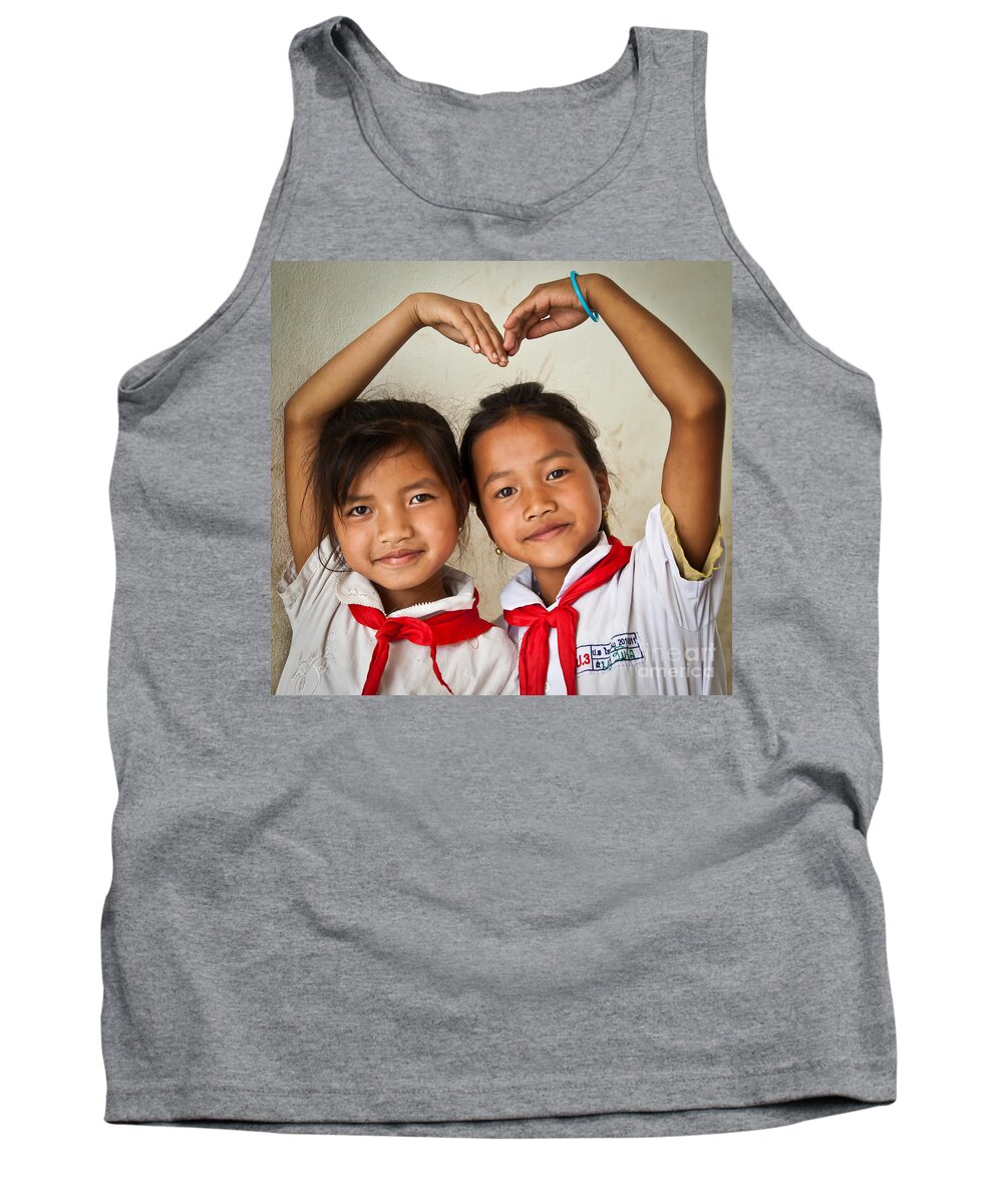 Child Tank Top featuring the photograph Two Lao Girls With Red Scarfs by Jo Ann Tomaselli