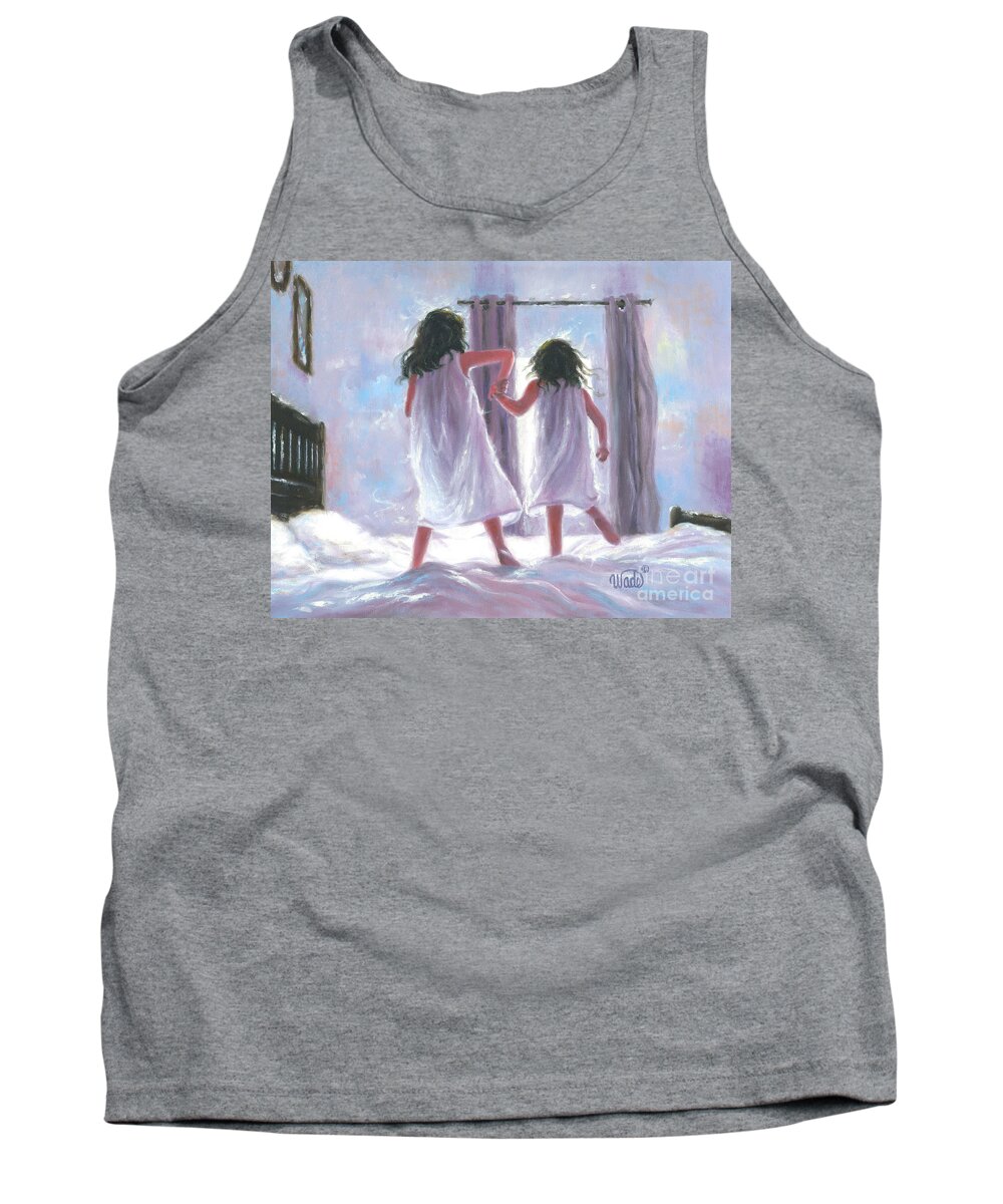 Two Sisters Tank Top featuring the painting Two Sisters Jumping on the Bed by Vickie Wade