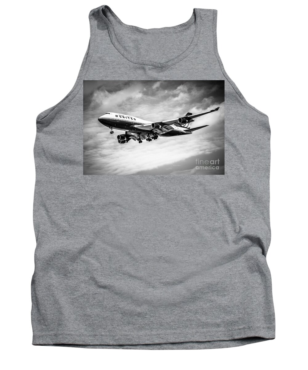747 Tank Top featuring the photograph United Airlines Airplane in Black and White by Paul Velgos