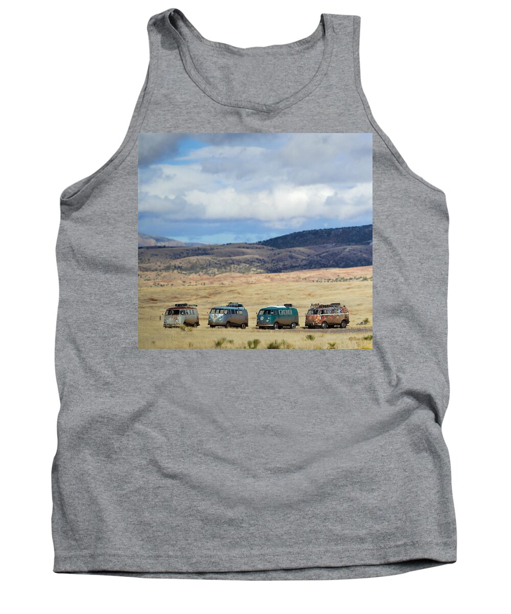 Bus Tank Top featuring the photograph VWs Lined Up Under a New Mexico Sky by Richard Kimbrough