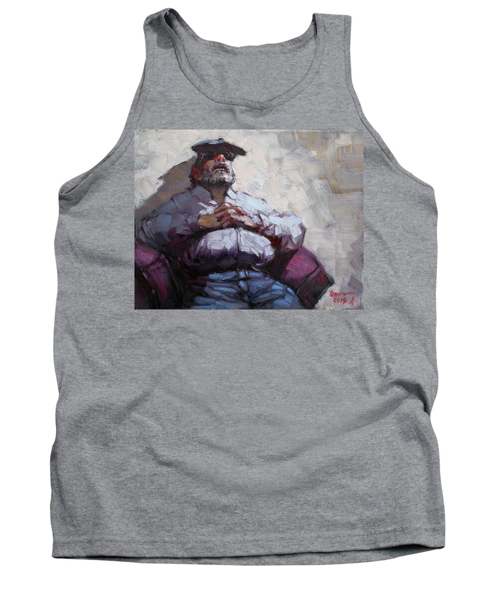 Man Napping Tank Top featuring the painting Waiting Room Nap by Ylli Haruni