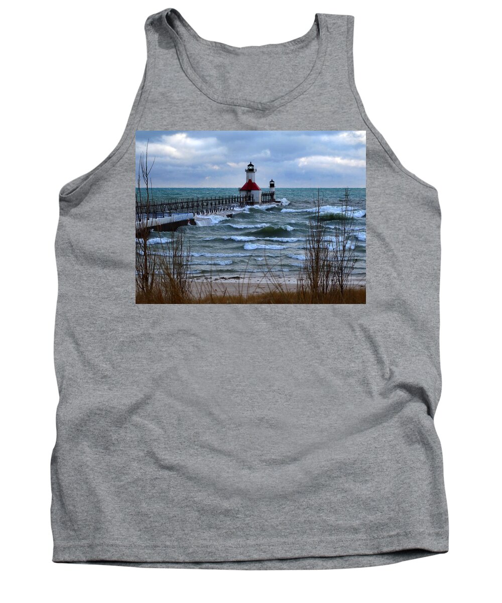 St Joseph Lighthouse Tank Top featuring the photograph Waves at St Joseph Pier Lights by David T Wilkinson