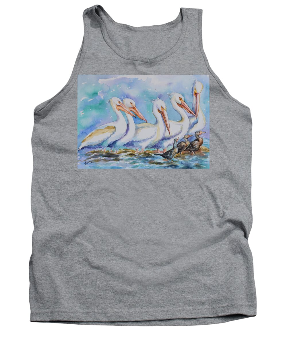 White Pelicans Tank Top featuring the painting White Pelicans by Jyotika Shroff