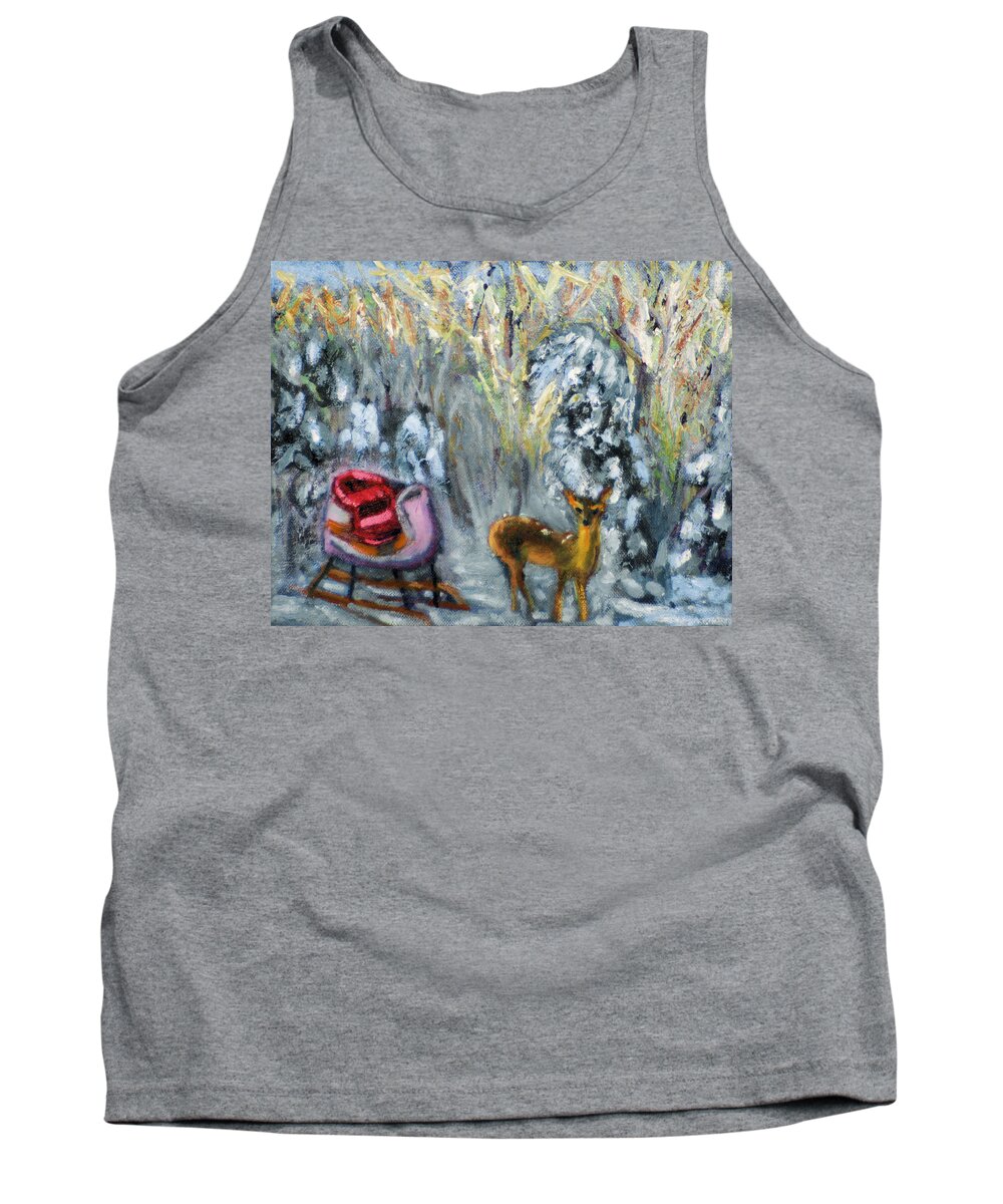 Winter Snow Christmas Sleigh Deer Reindeer Woods Woodland Brush Forest Santa Clause Saint Nick Saint Nicholas Tank Top featuring the painting Who Me?? by Michael Daniels