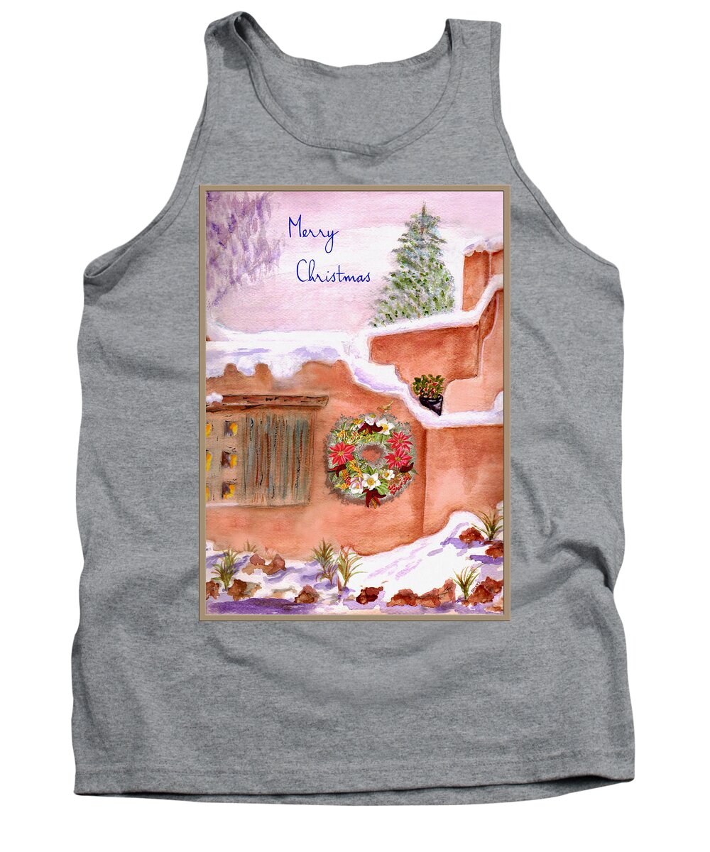 Southwestern Tank Top featuring the mixed media Winter Adobe Merry Christmas Card by Paula Ayers
