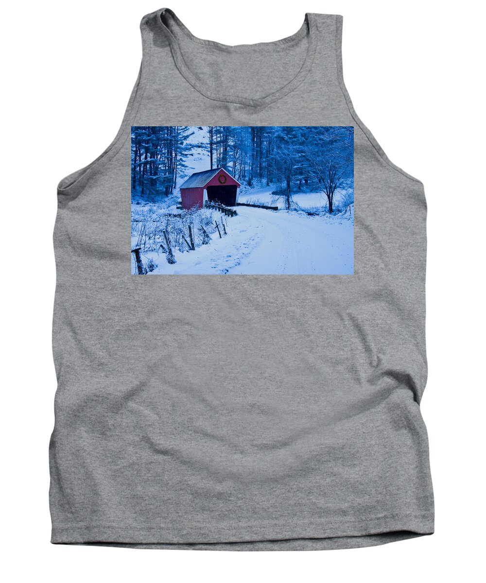 Vermont Covered Bridge Tank Top featuring the photograph winter Vermont covered bridge by Jeff Folger
