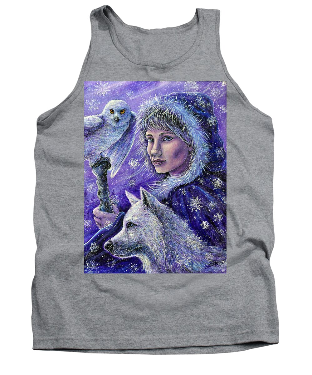 Portrait Fantasy Winter Owl Wolf Snow Wildlife Woman Girl Nature Cold Wind Tank Top featuring the painting Winter by Gail Butler