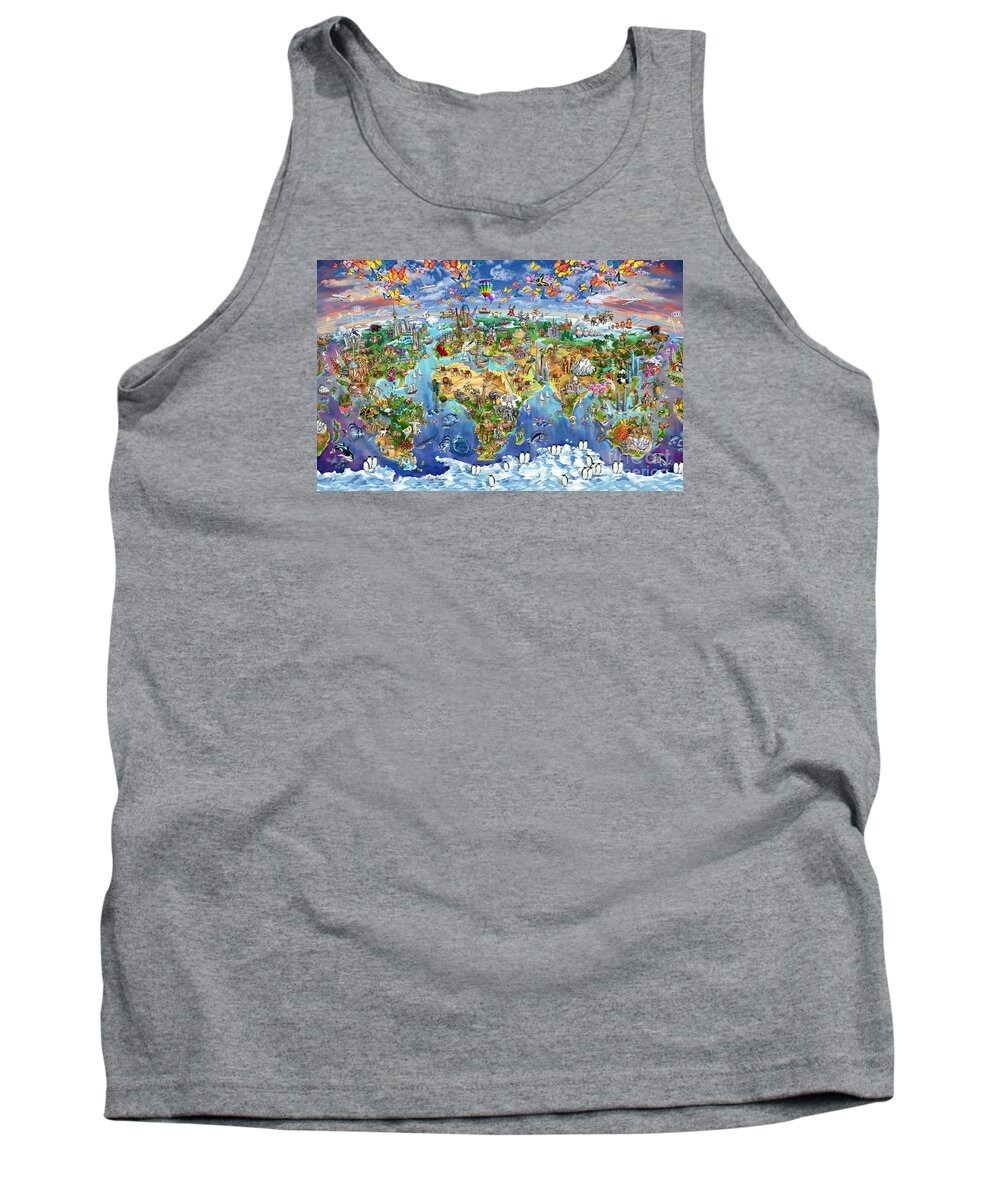 World Map Tank Top featuring the painting World Map of world wonders by Maria Rabinky