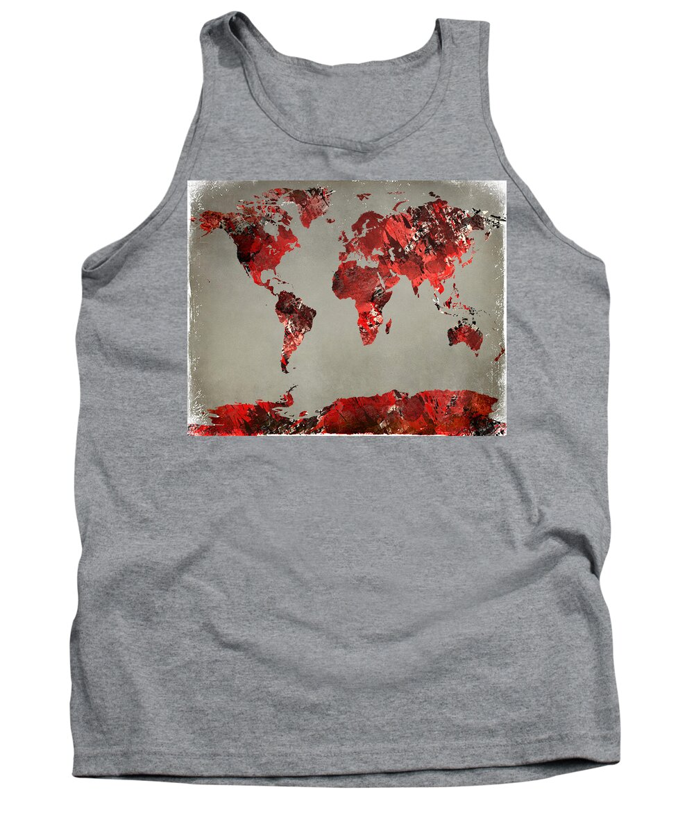 Popular Tank Top featuring the digital art World Map - watercolor red-black-gray by Paulette B Wright