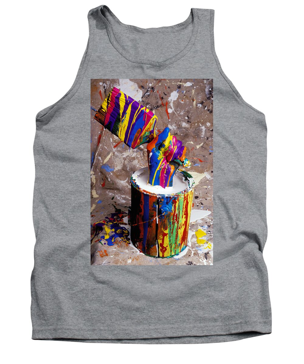 Hand Tank Top featuring the photograph Hand coming out of paint bucket by Garry Gay
