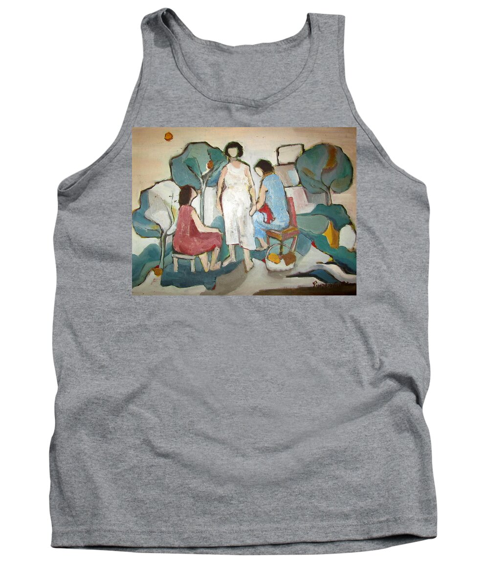 Jaffa Tank Top featuring the painting Jaffa Ladies impressions of women sitting outside in nature trees chair stool talking green white by Rachel Hershkovitz