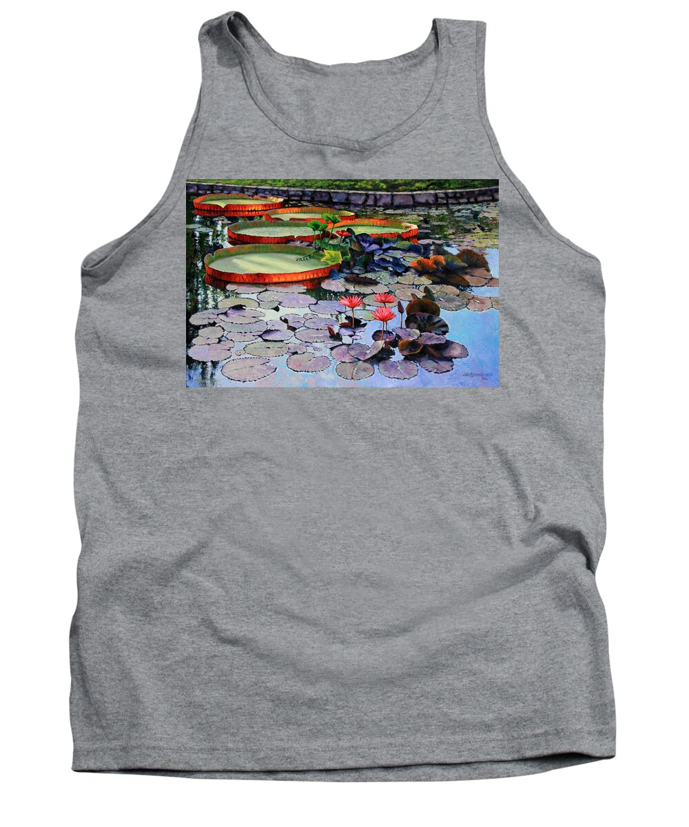 Garden Pond Tank Top featuring the painting Quiet Moments by John Lautermilch