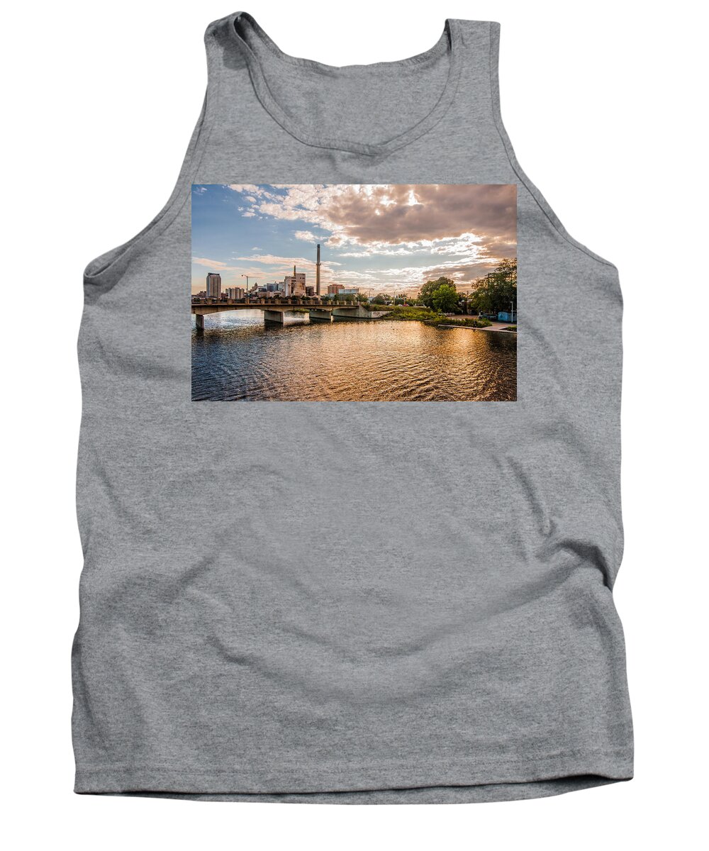 Rochester Minnesota Sky Water Cloud Sun Blue Orange City Tree Landscape Tank Top featuring the photograph Silver Lake by Tom Gort