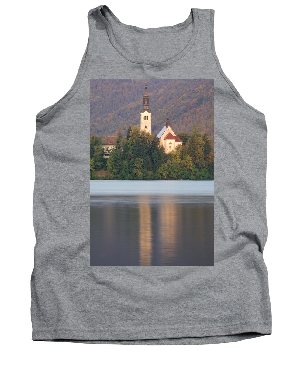 Bled Tank Top featuring the photograph Sunrise over Lake Bled and the island church by Ian Middleton