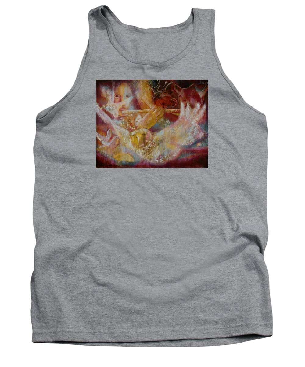 Southwest Art With Owls Eagles And Deer And Spirit Playing Flute...spiritual Shaman Music Bringing All Gods Creaturs Together...reds And Golds Tank Top featuring the painting The Sound That Gathers All To The One by Pamela Mccabe