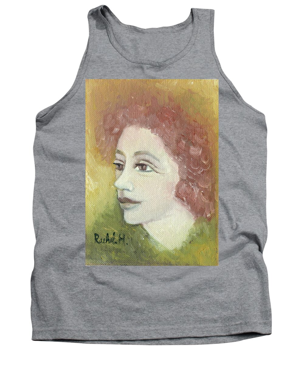  Young Tank Top featuring the painting The young Rachel maybe ginger redhead face in green yellow red large eyes plump lips and neck by Rachel Hershkovitz