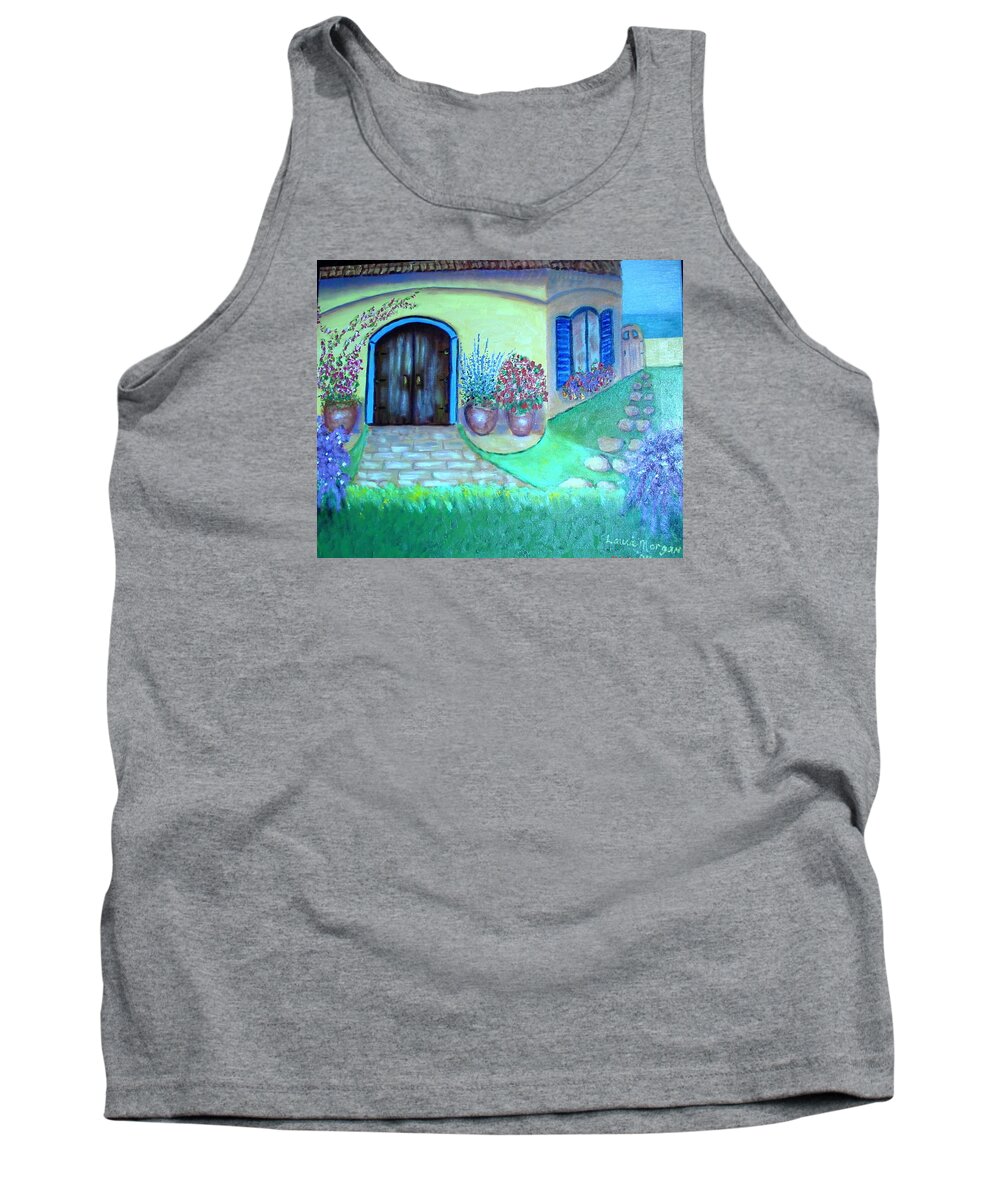 House Tank Top featuring the painting Yellow House with Blue Shutters by Laurie Morgan