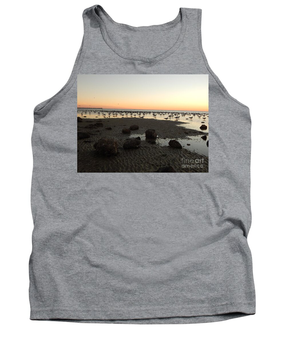 After Sunset Sky Glows Pale Orange At The Horizon As The Fading Light In The Sky Reflects In The Low Tide.sea Birds All Seem To Stare In The Same Direction Standing In The Shallows. Tank Top featuring the photograph Beach rocks barnacles and birds by Priscilla Batzell Expressionist Art Studio Gallery