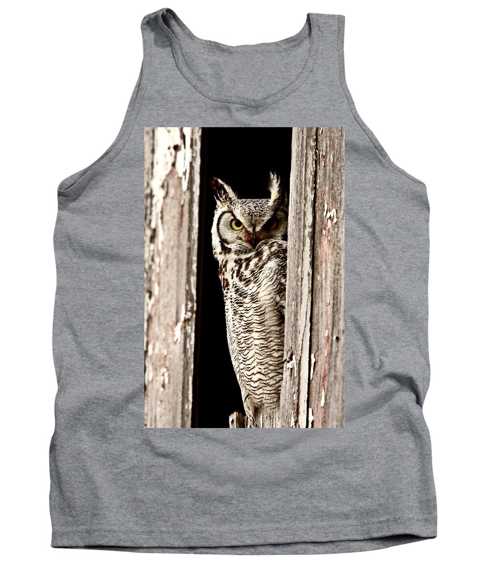 Great Horned Owl Tank Top featuring the digital art Great Horned Owl perched in barn window by Mark Duffy